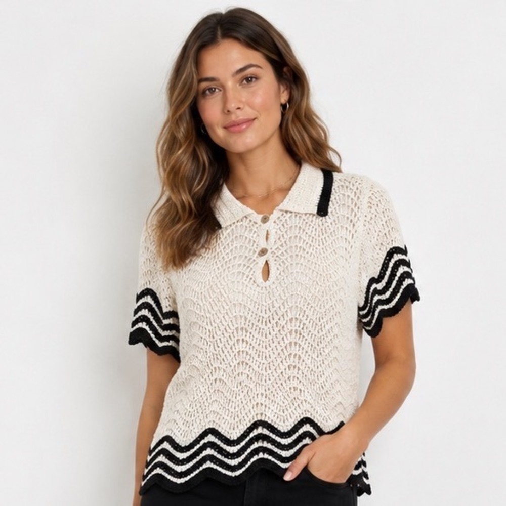 Solitaire Crochet Knit Polo Top Small Cream Black Chevron Scalloped Trim